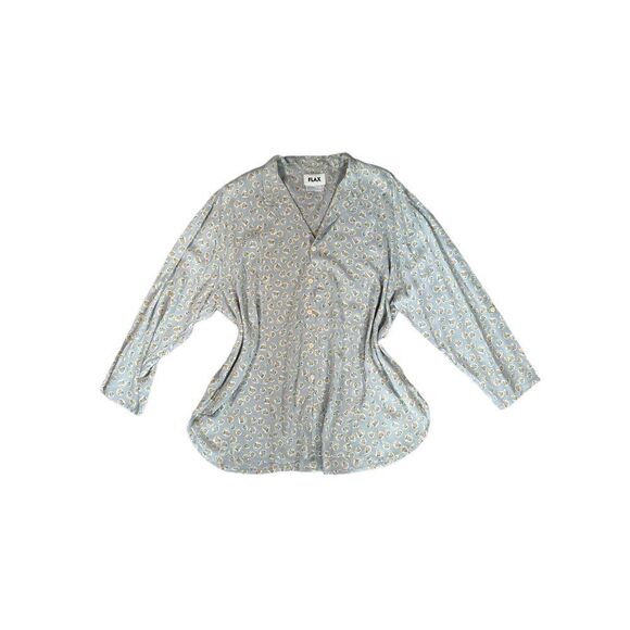 Flax Oversized Button Up Blouse Sheer Rayon Floral Pattern Tunic Blue Women’s M - Picture 2 of 11